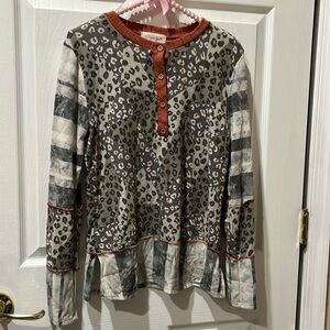 Sugar fox animal and mixed print long sleeve top with rust